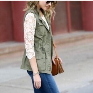 Per Se Utility Vest fall military army green women small cotton zipper button